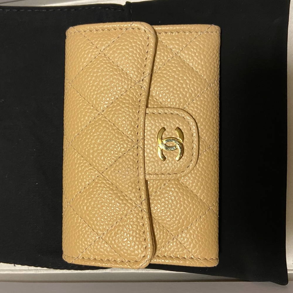 CHANEL Beige Quilted Wallet with Gold Accent